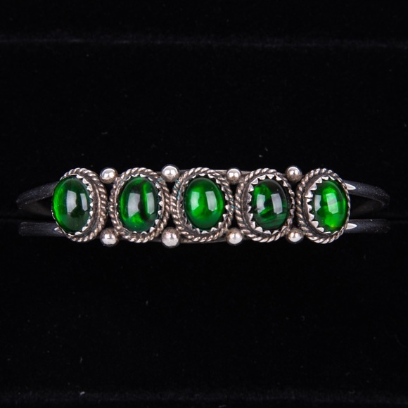 VTG Navajo Nakai Signed Stealing Silver Abalone Green Resin Cuff Bracelet - Picture 4 of 13